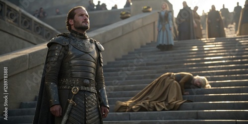Obraz na płótnie Heroic figure stands on steps amid tension and drama in a historical fantasy setting during a climactic moment w salonie