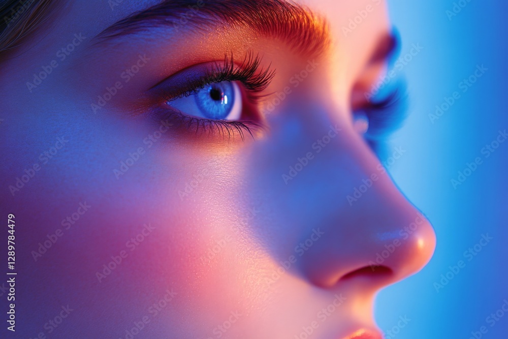 Fototapeta premium Close-up view of a woman's striking blue eye with dramatic lighting emphasizing its features and colors