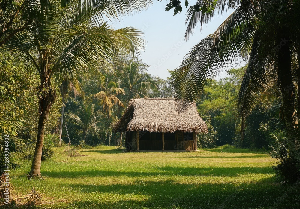 Tropical thatched hut in lush jungle clearing Tropical thatched hut in lush jungle clearing