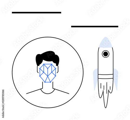 Human face highlighted by facial recognition grid beside a rocket launch symbolizing AI innovation. Ideal for security, AI, technology, data analysis, future concepts, creative thinking, abstract