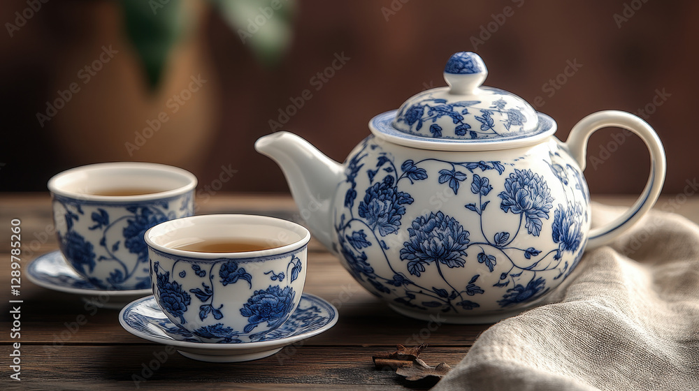 A traditional Chinese porcelain tea set with blue floral patterns A traditional Chinese porcelain tea set with blue floral patterns