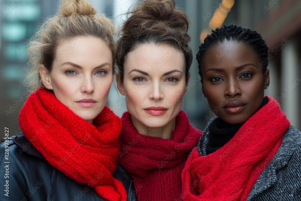 Three women in red scarves pose confidently in an urban setting during the afternoon Three women in red scarves pose confidently in an urban setting during the afternoon