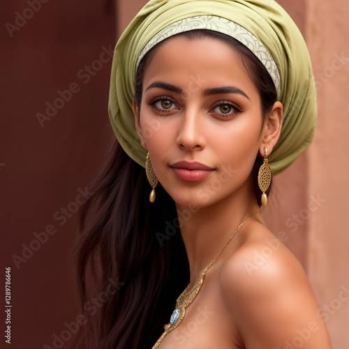 A woman with flawless skin wears a light green headscarf and striking red earrings. The background consists of a warm, neutral tone which complements her makeup and accessories.