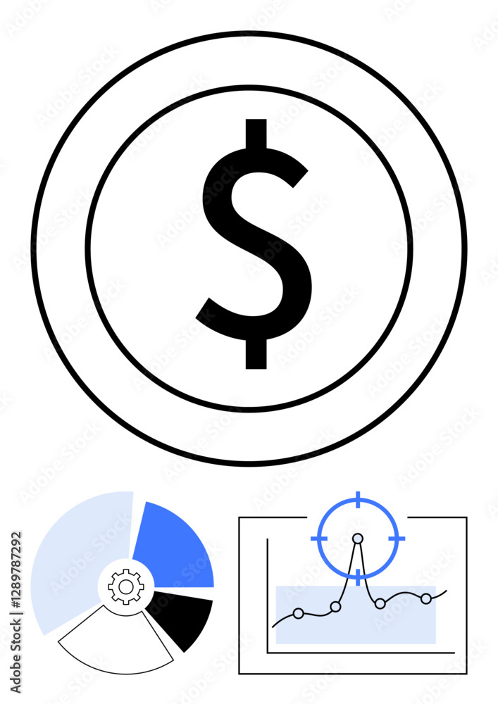 Dollar sign in circular frame, pie chart with split segments, and line graph with target icon. Ideal for finance, analytics, strategy, goals, investment, marketing abstract line flat metaphor Dollar sign in circular frame, pie chart with split segments, and line graph with target icon. Ideal for finance, analytics, strategy, goals, investment, marketing abstract line flat metaphor