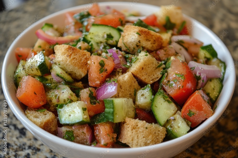 Fresh Italian Panzanella Salad with Tomato, Cucumber, Red Onion, and Croutons in a White Bowl on a Rustic Countertop Fresh Italian Panzanella Salad with Tomato, Cucumber, Red Onion, and Croutons in a White Bowl on a Rustic Countertop