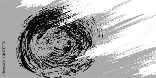 black circular grunge texture, brush strokes isolated on gray background.