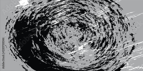 black circular grunge texture, brush strokes isolated on gray background.