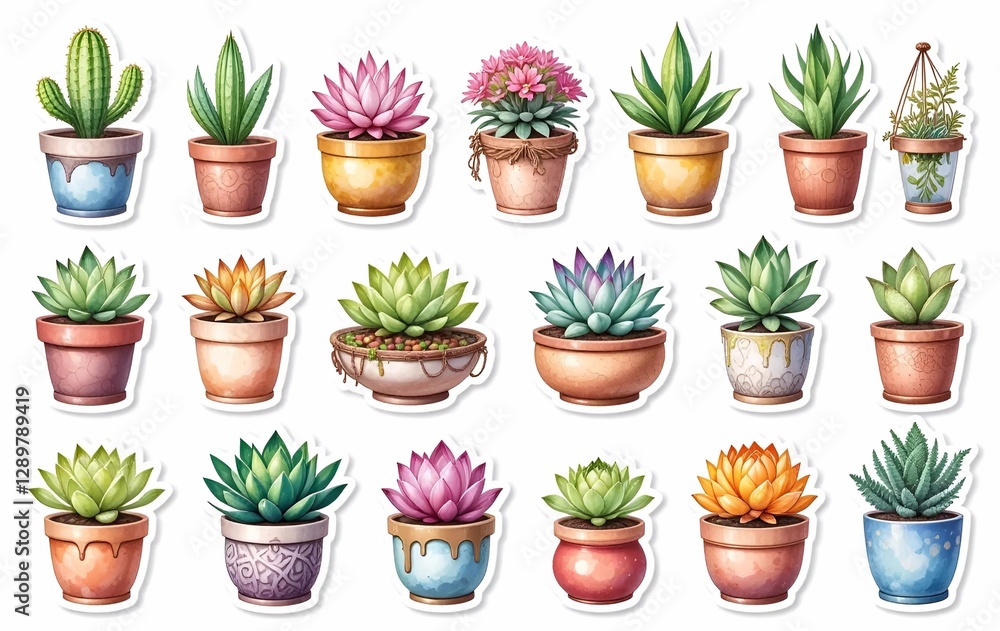 Obraz premium Plant stickers, houseplant succulents background image, leaf texture banner