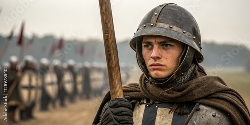 Young soldier stands ready in medieval battlefield as troops prepare for a critical engagement during cloudy day