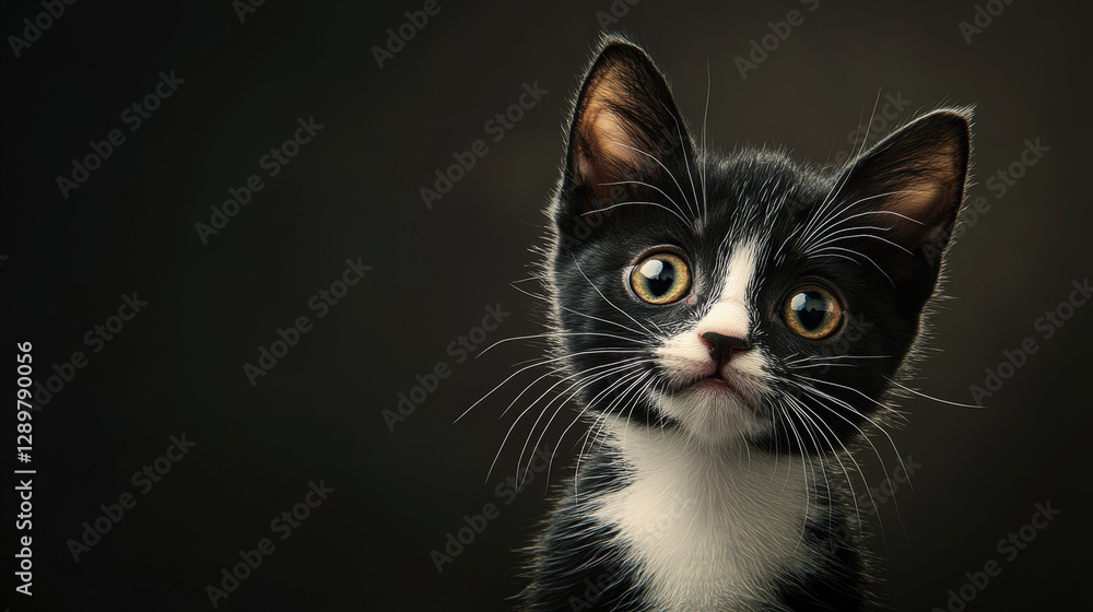 Adorable black and white kitten with large curious eyes looking directly at the camera
Adorable black and white kitten with large curious eyes looking directly at the camera