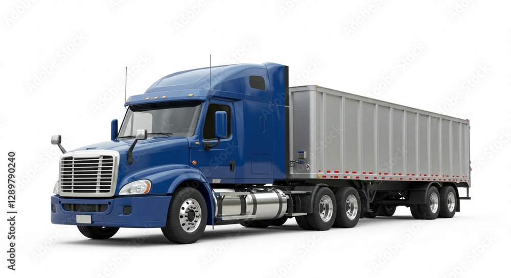 Blue semi truck or 18 wheeler hauling a metal cargo bay isolated on white. Clipping path provided for truck. 