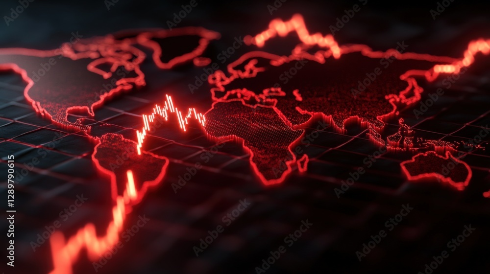 Fototapeta premium World Map with Glowing Red Stock Market Data