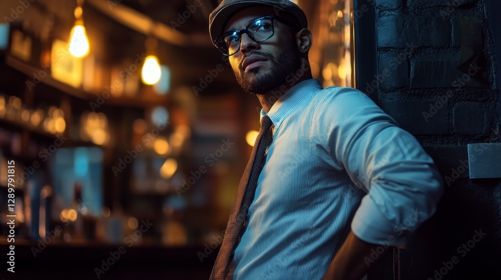Serious Stylish African Man in Bar Leaning on Wall, Night Vibe Serious Stylish African Man in Bar Leaning on Wall, Night Vibe
