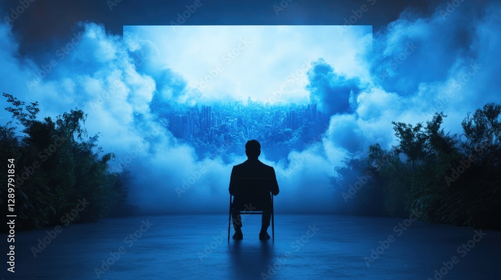 Man Contemplating Cityscape beyond Gateway Man Contemplating Cityscape beyond Gateway