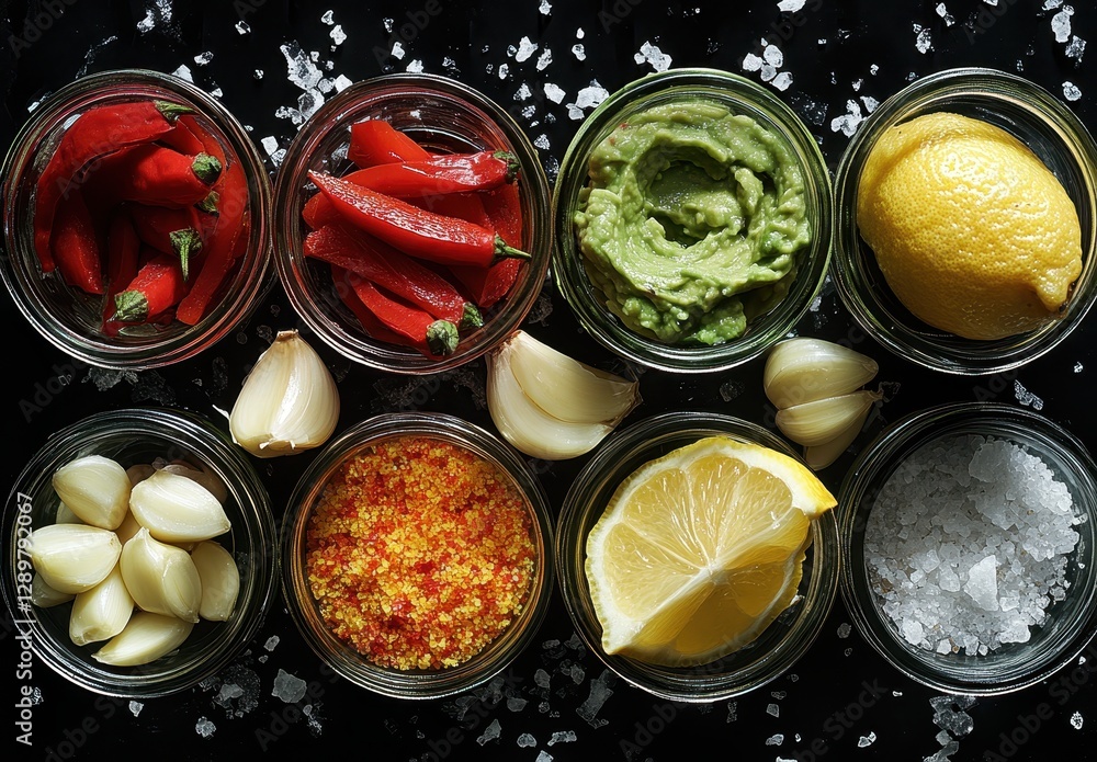 Fresh Ingredients for Cooking and Meal Preparation in Glass Jars on Black Background with Sea Salt and Garlic Cloves Fresh Ingredients for Cooking and Meal Preparation in Glass Jars on Black Background with Sea Salt and Garlic Cloves