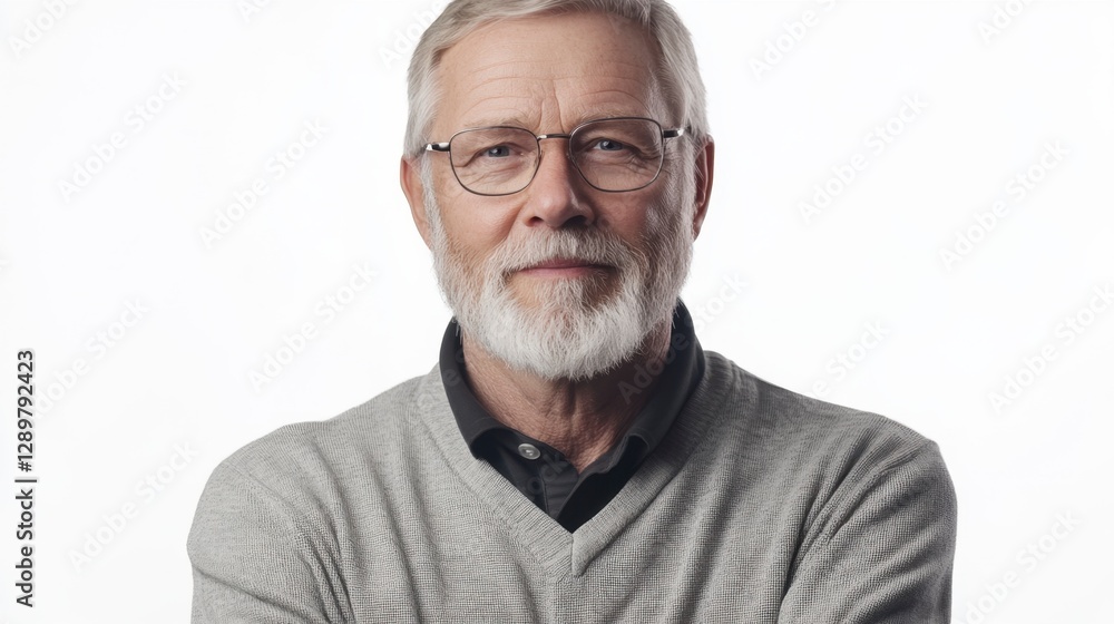 Smiling senior man portrait with beard on white background