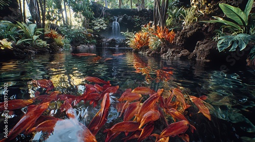 Red Koi Fish in a Lush Tropical Garden Pond photo