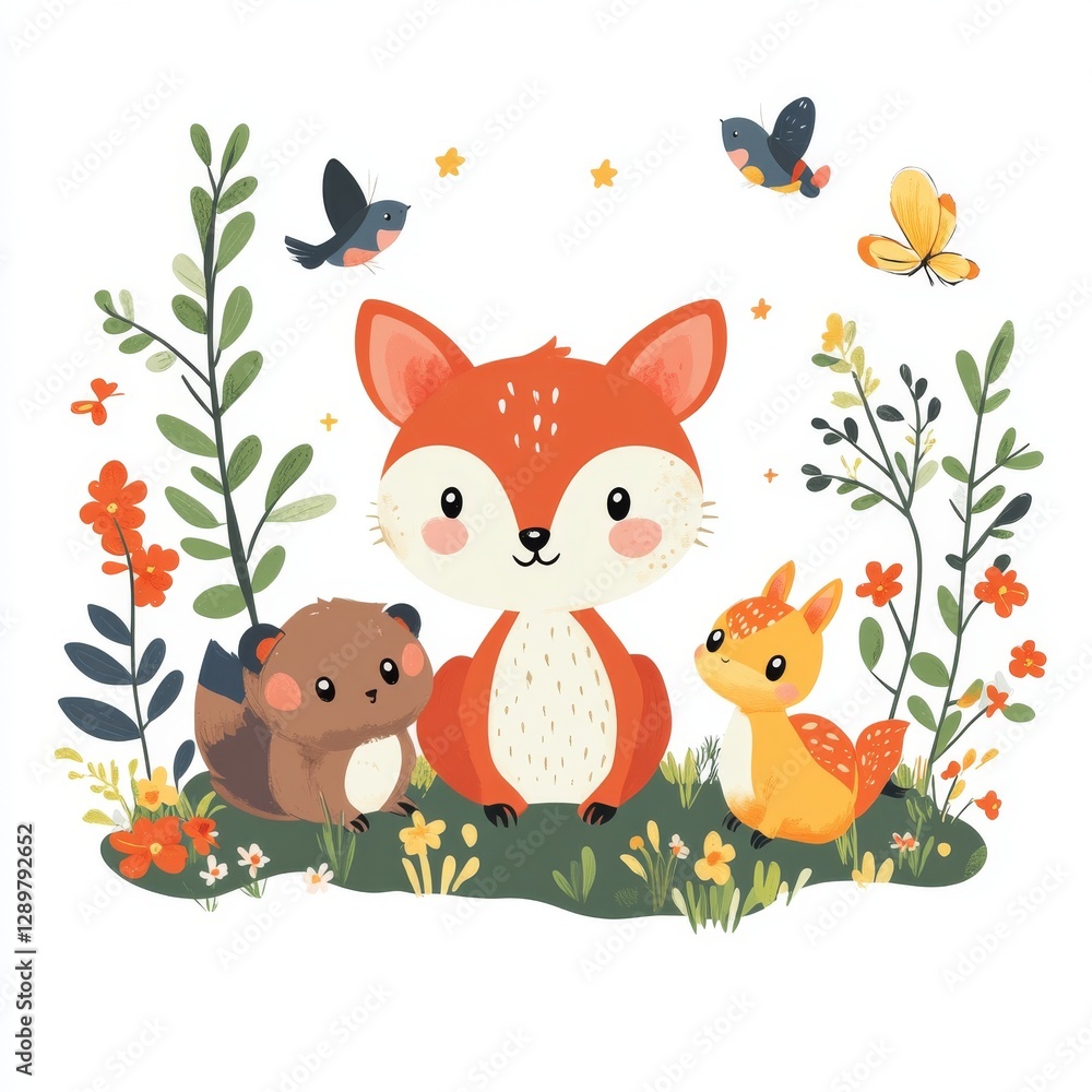 Naklejka premium Cute Animal Illustration with Fox and Friends in Nature Scene