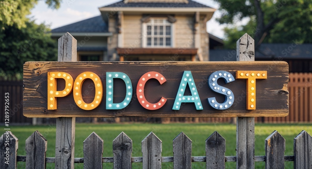 Obraz premium podcast lettering on sign at fence with house background