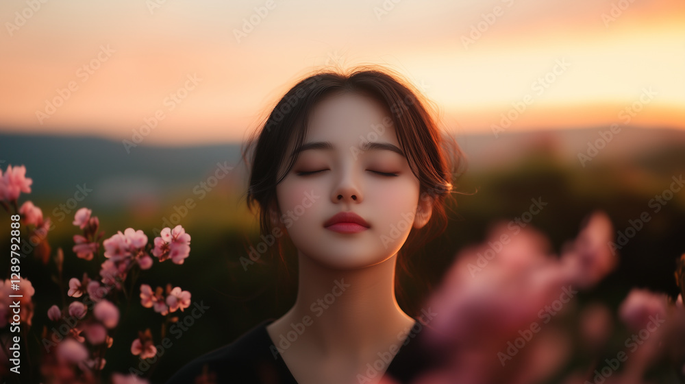 serene woman with closed eyes, surrounded by autumn leaves, exuding tranquility and peace, blurred background. serene woman with closed eyes, surrounded by autumn leaves, exuding tranquility and peace, blurred background.