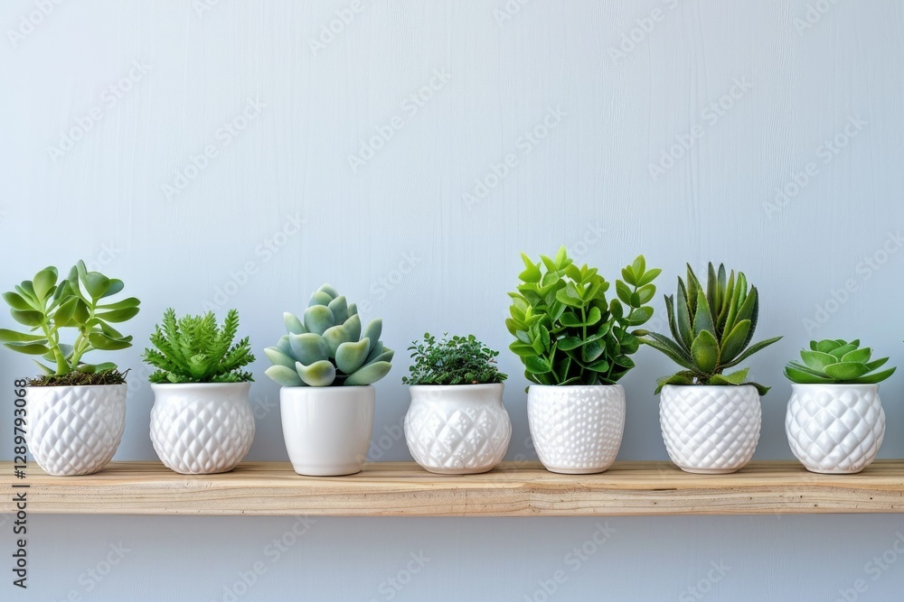 Sharp Picture of a Row of Plants with Plants in White Pots on a Wooden Shelf Sharp Picture of a Row of Plants with Plants in White Pots on a Wooden Shelf