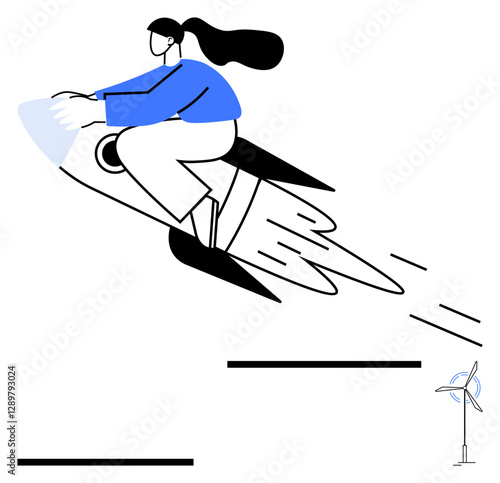 Woman riding a rocket symbolizes innovation and progress wind turbine emphasizes sustainable energy. Ideal for startups, environmental goals, ambition, leadership, growth, future, abstract line flat
