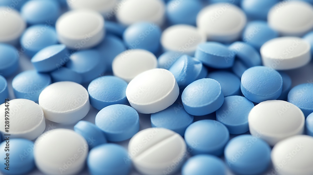 White and blue medicine pills scattered in a close up view White and blue medicine pills scattered in a close up view