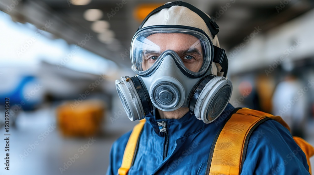 Man in mask, hangar, blur; safety image Man in mask, hangar, blur; safety image