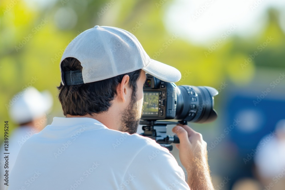 Obraz premium man filming with professional camera and hat