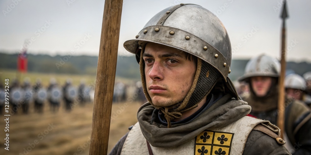 Young soldier stands ready during historic reenactment in a field at dawn