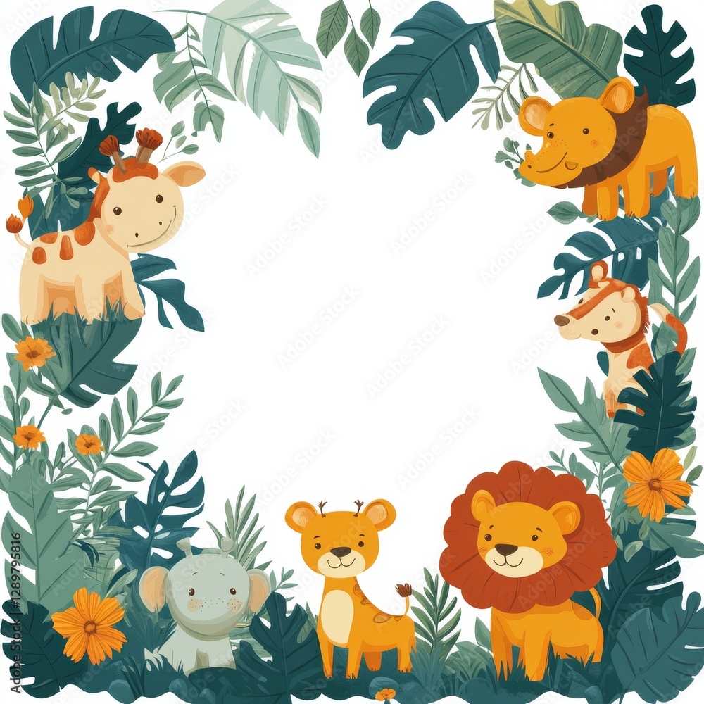Naklejka premium Cute Animal Illustration with Jungle Plants and Floral Elements