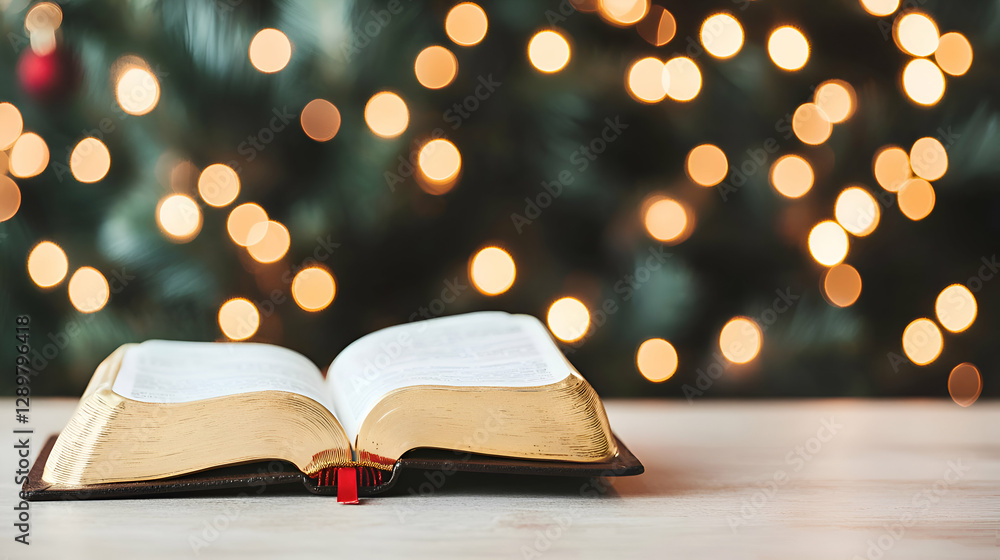 Open Holy Book with Gilded Edges on Wooden Table Against a Blurred Christmas Tree Lights Background Open Holy Book with Gilded Edges on Wooden Table Against a Blurred Christmas Tree Lights Background