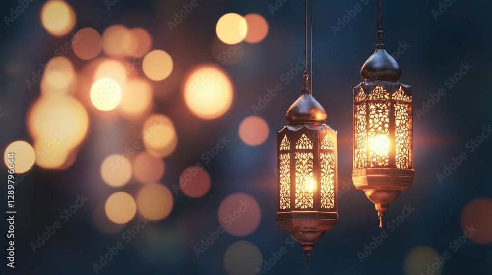 Decorative Lanterns with Soft Glowing Light in Blurred Background Decorative Lanterns with Soft Glowing Light in Blurred Background