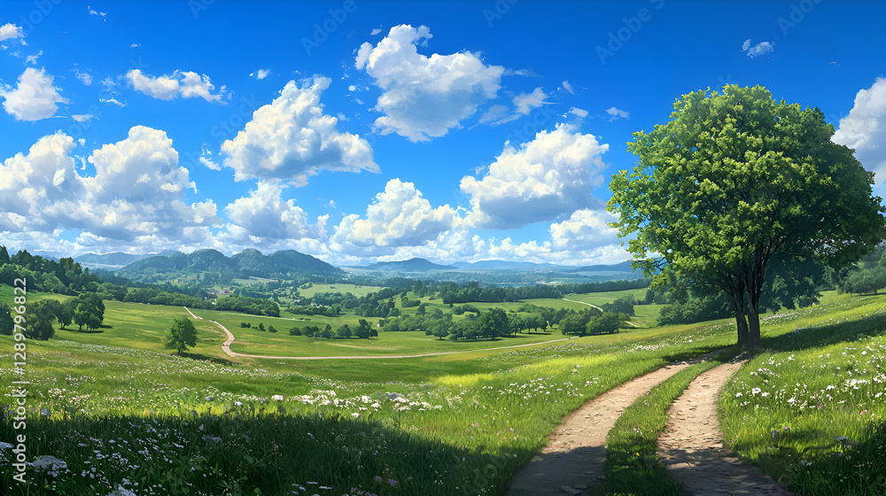 Summer Landscape with Green Field Path and Lush Foliage under Sunny Sky Summer Landscape with Green Field Path and Lush Foliage under Sunny Sky