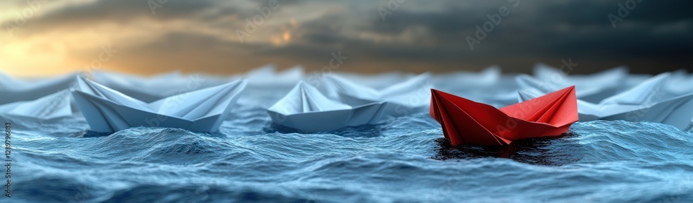 Red Paper Boat Leading White Paper Boats in Artistic Leadership Concept Red Paper Boat Leading White Paper Boats in Artistic Leadership Concept