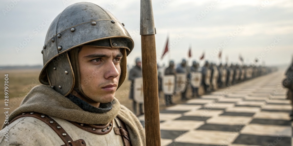 Young soldier stands poised on battlefield as troops prepare for engagement in historic reenactment
