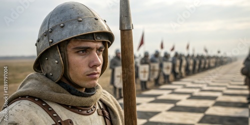 Obraz na płótnie Young soldier stands poised on battlefield as troops prepare for engagement in historic reenactment w salonie