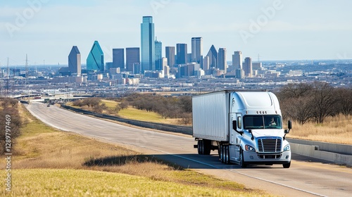 Freight truck driving on highway towards Dallas skyline with blue sky and grassy landscape