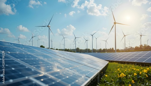 solar panels and wind turbines in field generating renewable energy under sunny sky