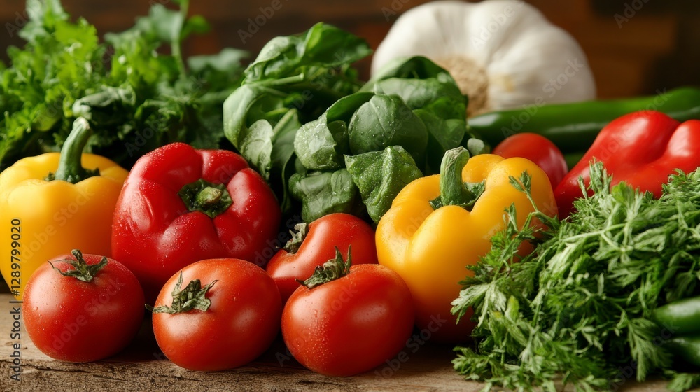 Colorful Vegetables Freshly Harvested with Freshness on Tabletop Colorful Vegetables Freshly Harvested with Freshness on Tabletop