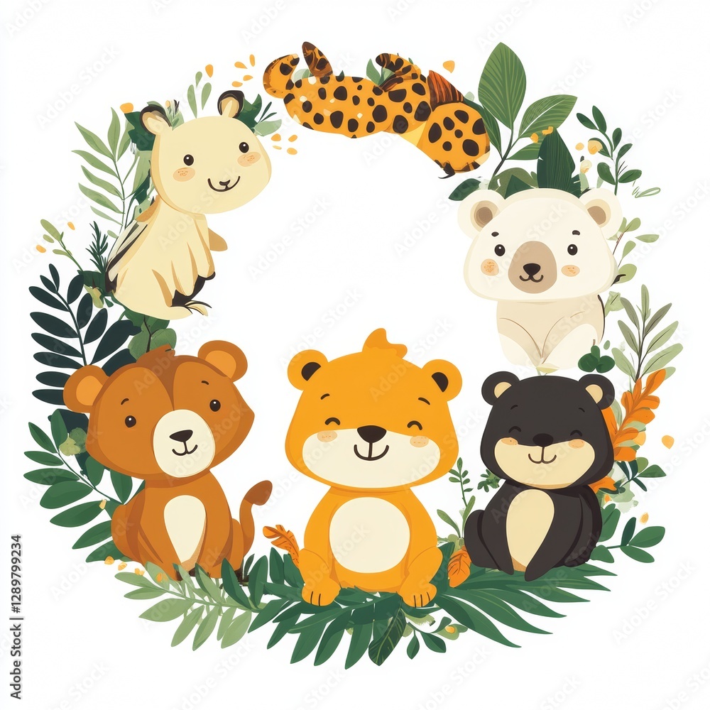 Naklejka premium Cute Animal Illustrations in a Floral Wreath Design
