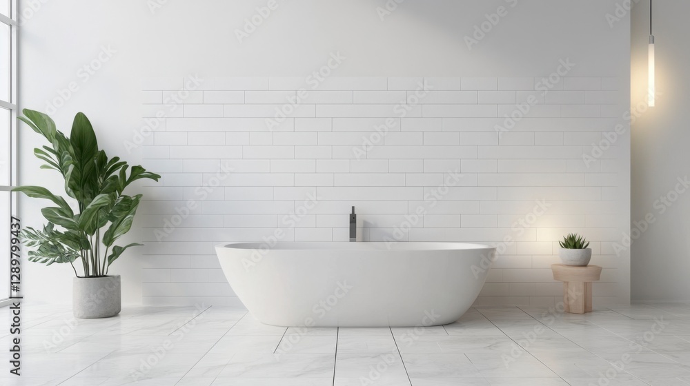 Fototapeta premium Minimalist white bathroom interior with modern tub and copy space.