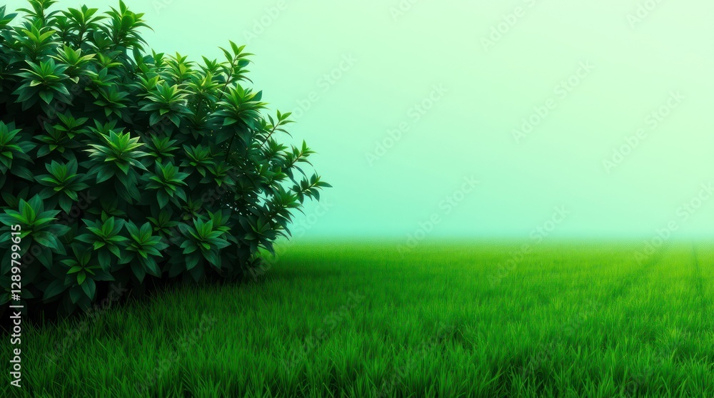 Fototapeta premium Vibrant green grass covers the landscape, dotted with lush bushes, creating a serene atmosphere perfect for enjoying the beauty of spring