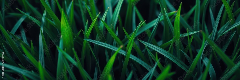 Obraz premium Vibrant green lawn thrives under the spring sun, showcasing a tapestry of lush blades of grass and small bushes foregrounds, radiating life and freshness