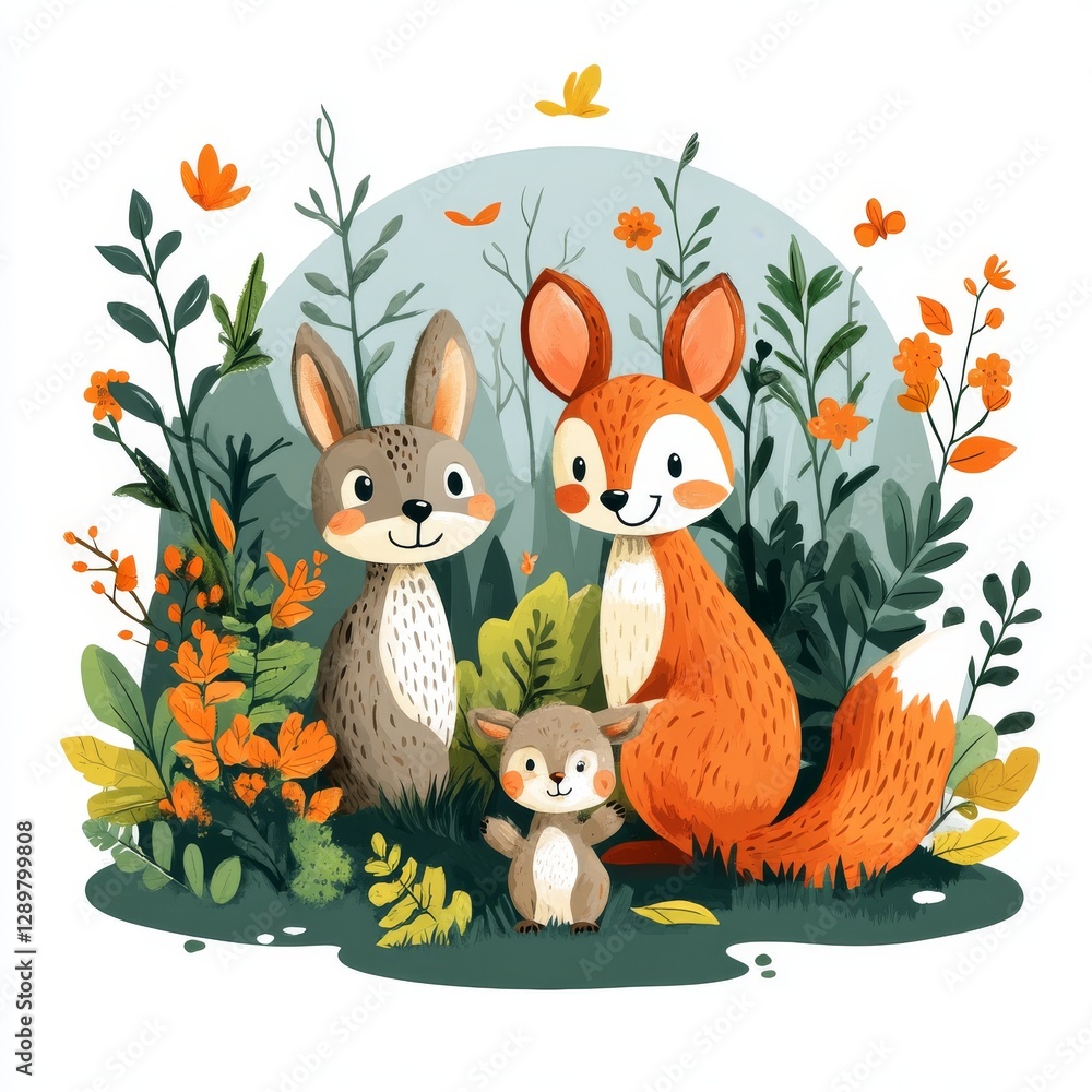 Fototapeta premium Cute Vector Illustration of Animals in a Floral Design