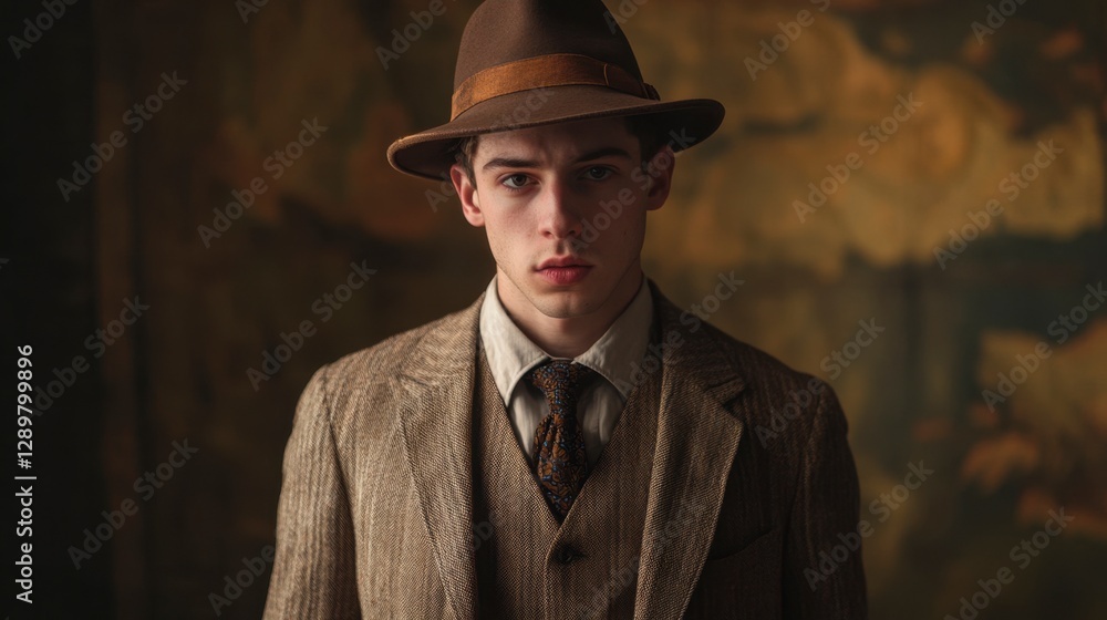 Thoughtful Young Man in Tweed Suit and Fedora Hat in a Vintage Style
