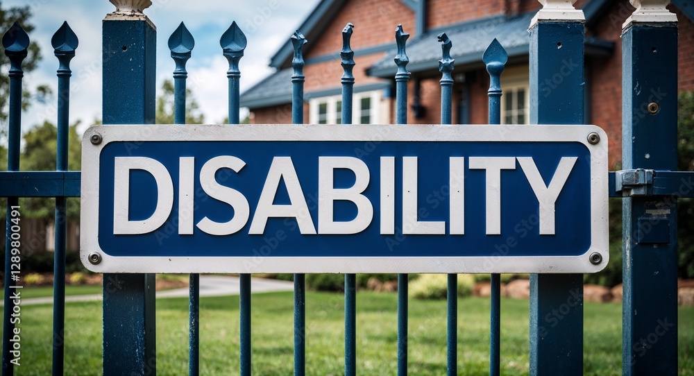 Obraz premium disability lettering on sign at fence with house background