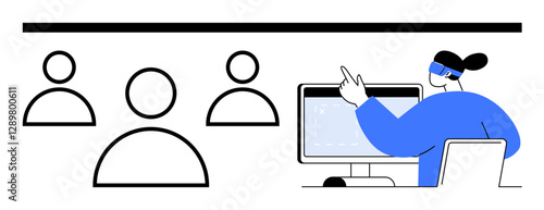 Minimalist design of a presenter using a computer screen to engage an audience of three figures. Ideal for team collaboration, virtual meetings, online learning, business training, education