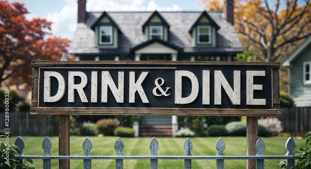 Fototapeta premium drink and dine lettering on sign at fence with house background