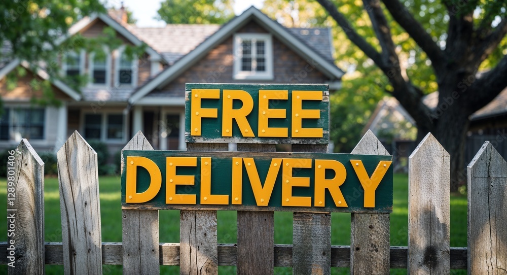 Fototapeta premium Free delivery lettering on sign at fence with house background